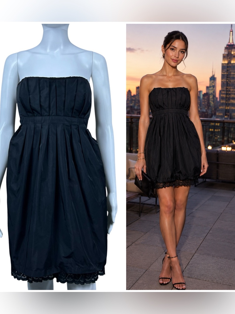 BCBGeneration Y2K Babydoll Strapless Bubble Hem Dress 8 Lace Pleated Coquette